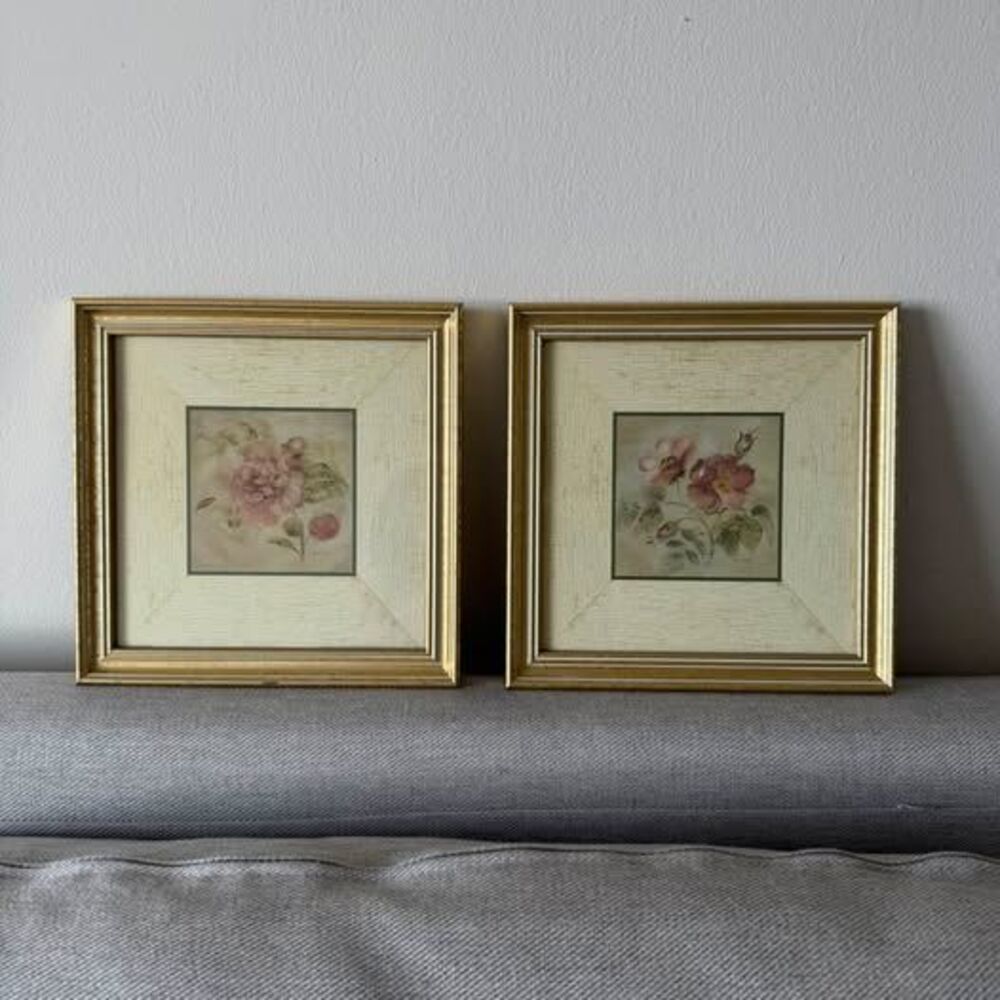 Pair of Framed Floral Prints by Cheri Blum – Gold Frames 9x9
